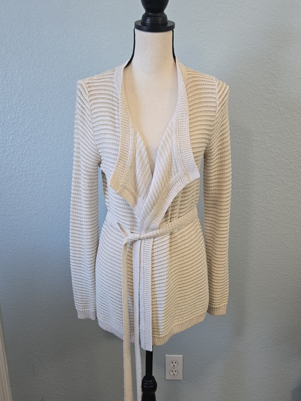 ELIE TAHARI Cream Open-Front Belted Ribbed Cardigan SZ MEDIUM Cotton Silk Gold
